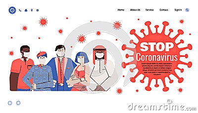 Stop coronavirus banner with group of people cartoon vector illustration. Vector Illustration