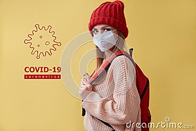 Stop coronavirus pandemia. Novel Sars Cov2. Prevent infection spread. Woman in mask. COVID-19 inscription, virus sign Stock Photo