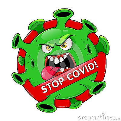 Stop Covid banner. Funny cartoon Coronavirus Vector Illustration
