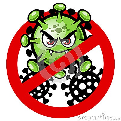 Stop Covid-19 coronavirus sign and symbol with angry corona virus cartoon mascot vector illustration Vector Illustration