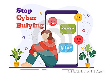 Stop Cyberbullying Vector Illustration of Haters Online with Bullying Internet, Trolling and Hate Speech in Flat Cartoon Vector Illustration