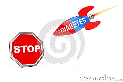 Stop Diabetes Concept. Stop Sign Shield with Diabetes Sign Rocket. 3d Rendering Stock Photo