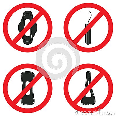 Stop. Do not throw pads and tampons to the toilet. No littering sign, no feminine products. Vector Illustration