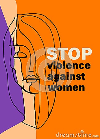 Stop Domestic Violence concept. Outline of a woman, background with purple color of awareness, campaign title Vector Illustration