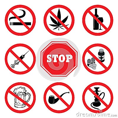 Stop Drugs.Drugs Prohibition Sign collection Vector Illustration