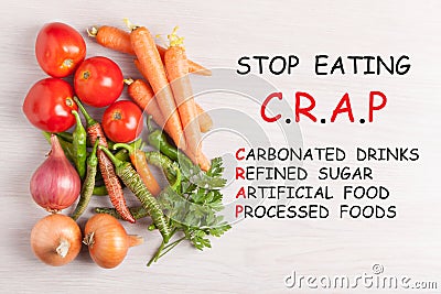 Stop Eating CRAP text and group vegetables Stock Photo