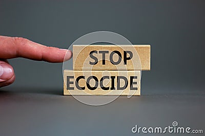 Stop ecocide symbol. Wooden blocks with words stop ecocide. Businessman hand. Beautiful grey background, copy space. Business, Stock Photo