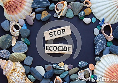 Stop ecocide symbol. Wooden blocks with words stop ecocide. Seashell and sea stones. Beautiful grey background, copy space. Stock Photo