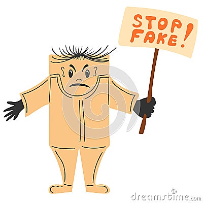 Stop fake. Person standing and holding Placard or Banner Vector Illustration