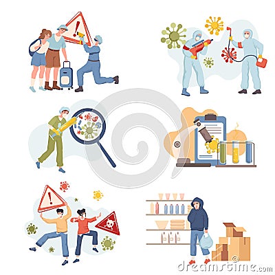 Stop and fight Coronavirus Covid-19 outbreak vector flat illustration. People living during global pandemic of 2019-nC0V Vector Illustration