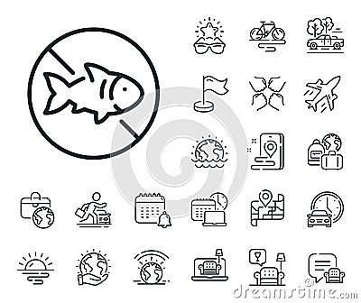 Stop fishing line icon. Fish catching forbidden sign. Plane jet, travel map and baggage claim. Vector Vector Illustration