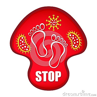 Stop foot nail fungus infection flat vector sign. Red mushroom with footprints and fungal bacteria in it Vector Illustration