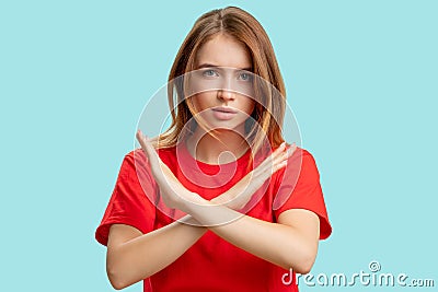 Stop gesture no sign protesting woman crossed arms Stock Photo