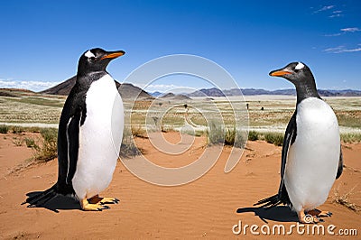 Global Warming - Penguin Habitat - two penuins living in desert (of Namibia). Stop global warming and melting of ice. Stock Photo