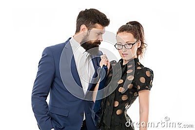 Stop harassment. bearded man and woman. Romantic couple in office. Businesspeople. Unleashed desire. business Stock Photo