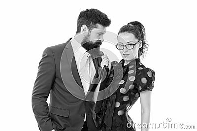 Stop harassment. bearded man and sexy woman. Romantic couple in office. Businesspeople. Unleashed desire. Sexy business Stock Photo