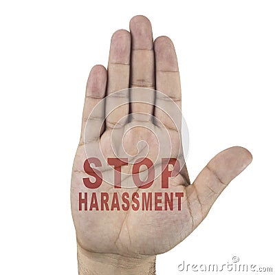 Stop harassment words written on male`s hand. on white background Stock Photo