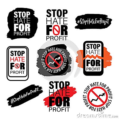 STOP HATE FOR PROFIT, Quotes Bundle. Boycott Campaign signs. Social Media Hashtag. Protest sign designs isolated on white Vector Illustration