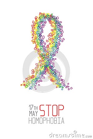 Stop homophobia. Ribbon from little hearts in lgbt flag colors. Vector Illustration