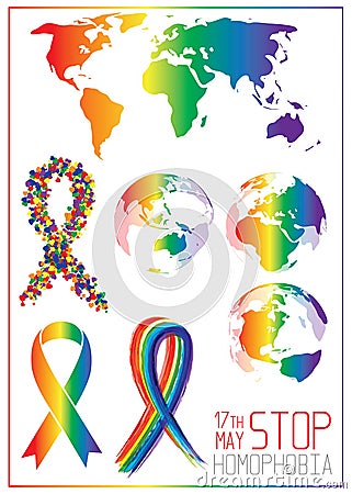 Stop homophobia. Ribbon from little hearts in lgbt flag colors. Vector Illustration