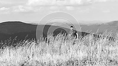 Stop illegal immigrants. Guard the borders. Soldier with rifle. Man with weapon military clothes in field nature Stock Photo