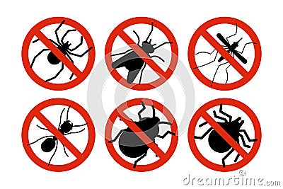 Stop insects. Tick, bugs and mosquito silhouettes. Warning prohibited sign, anti insect vector icons Vector Illustration