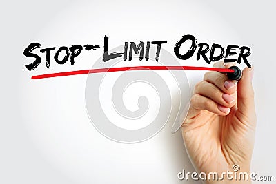 Stop-limit Order - conditional trade that combine the features of a stop loss with those of a limit order to mitigate risk, text Stock Photo
