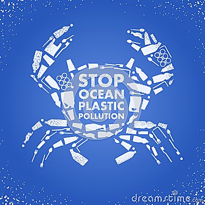 Stop ocean plastic pollution. Ecological poster Crab composed of white plastic waste bag, bottle on blue background. Plastic Vector Illustration