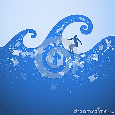 Stop ocean plastic pollution. Ecological poster. Surfer on the waves. There are plastic garbage, bottle, bag on blue background in Vector Illustration