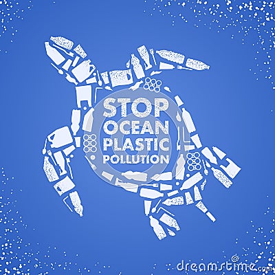 Stop ocean plastic pollution. Ecological poster. Turtle composed of white plastic waste bag, bottle on blue background Vector Illustration