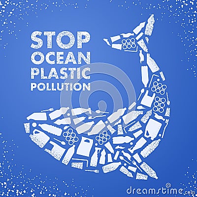 Stop ocean plastic pollution. Ecological poster. Whale composed of white plastic waste bag, bottle on blue background Vector Illustration