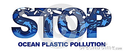 Stop ocean plastic pollution typography banner template, vector illustration in paper art craft style. Vector Illustration