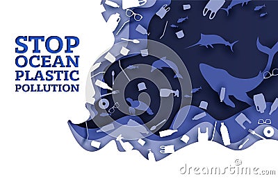 Stop ocean plastic pollution, vector paper cut illustration Vector Illustration