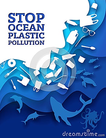 Stop ocean plastic pollution, vector paper cut illustration Vector Illustration