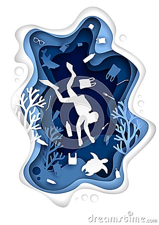 Stop ocean plastic pollution, vector paper cut illustration Vector Illustration