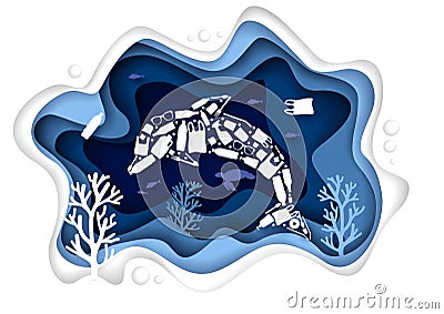 Stop ocean plastic pollution, vector paper cut illustration Vector Illustration