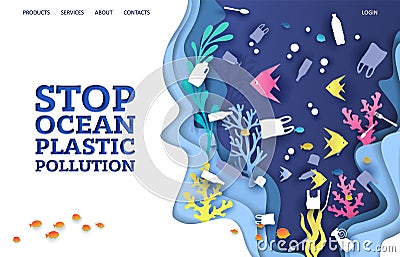 Stop ocean plastic pollution vector website landing page design template Vector Illustration