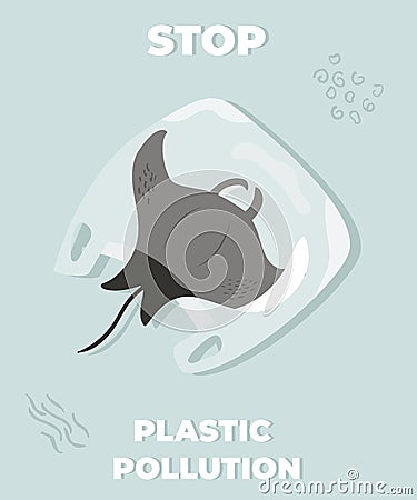 Stop ocean polluting poster with fish ray Vector Illustration