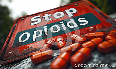 Stop Opioids Sign and Spilled Prescription Pills, Urgent Public Health Message on Drug Addiction and Painkiller Abuse Awareness Stock Photo