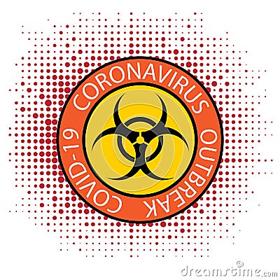 Stop Pandemic Novel Coronavirus Sign and Biohazard Logo on Red Halftone Background Vector Illustration
