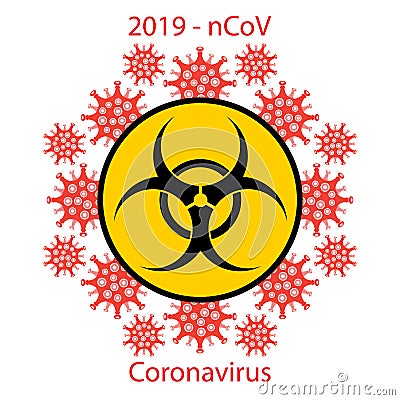 Stop Pandemic Novel Coronavirus Sign and Biohazard Logo on White Background Vector Illustration