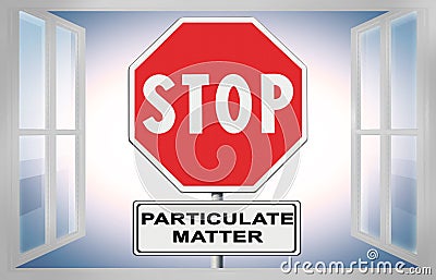 STOP particulate matter emission Fine dust PM10 in the air - 3D rendering concept image with road sign against an open window Stock Photo