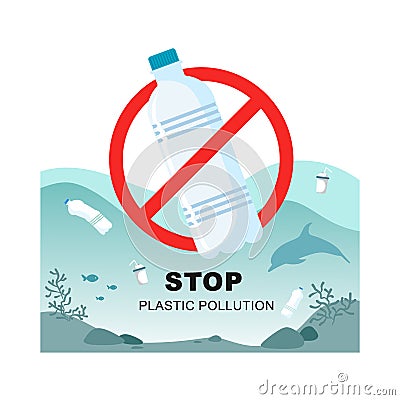 Stop plastic pollution. Plastic bottle with a sign of the plaid on the background of a sea of clogged bottles. Vector symbol Vector Illustration