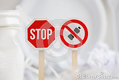 STOP Plastic Pollution sign against the background of plastic trash. environmental concept Stock Photo