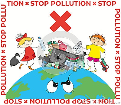 Stop pollution banner with boy and girl and garbage pile Vector Illustration