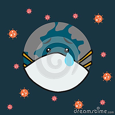 Coronavirus attacking the earth, earth crying cartoon Vector Illustration