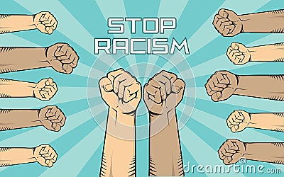 Stop racism illustration with a lot of people hand show fights against it with diversity skin color Vector Illustration