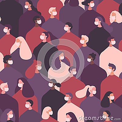 Stop racism. Multinationality. Black lives matter. Different people wearing medical face mask Vector Illustration