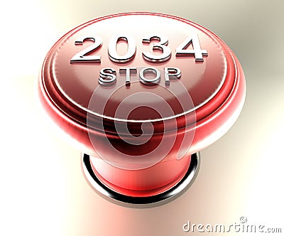 2034 STOP on red emergency push button - 3D rendering illustration Stock Photo