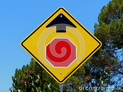 Stop Sign Ahead Signage Stock Photo
